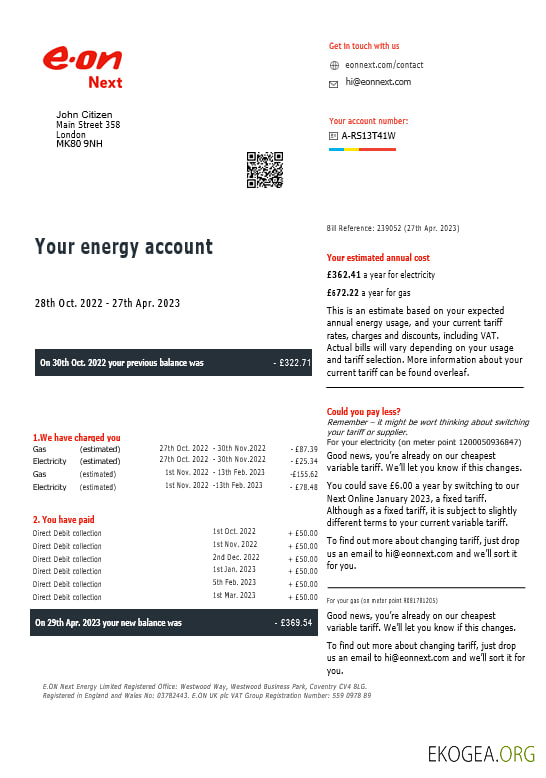 United Kingdom  Eon gas and electricity utility  bill in Word and PDF formats, version 7